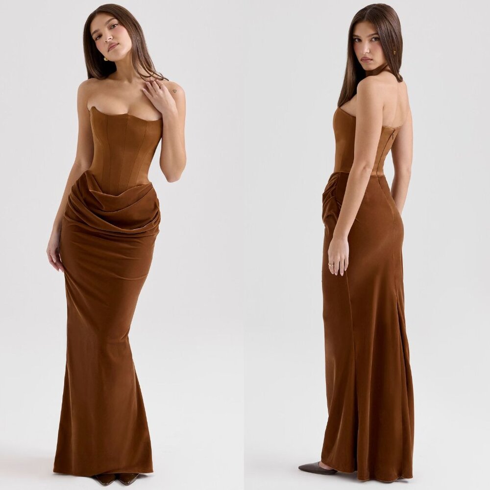 House of CB Persephone Maxi Dress Coffee Velvet Strapless Corset Size XS - Picture 13 of 13